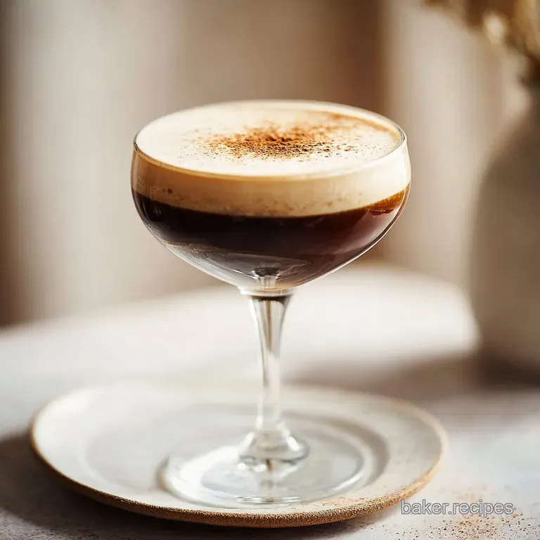 Elegant espresso martini with coffee beans, served on a dark surface. Shimmery liquid and delicate foam create inviting te...