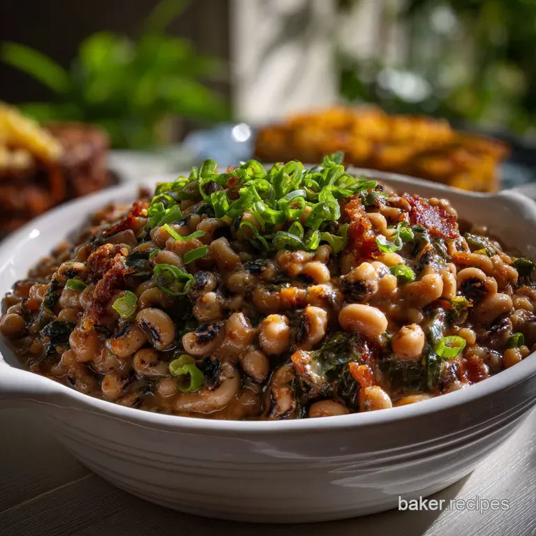 Creamy, dark black-eyed peas artfully arranged on a white plate, a drizzle of olive oil, and a sprinkle of fresh, green pa...