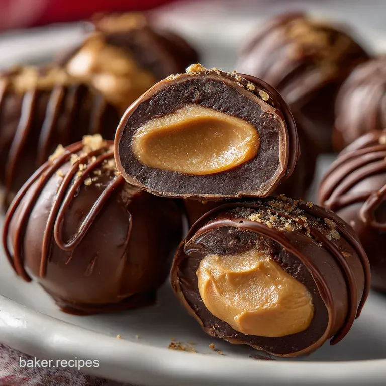 Stacked buckeye candies on a rustic wooden plate. The contrast of dark chocolate and light peanut butter filling is inviting.