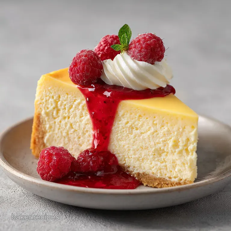 Slice of golden cheesecake, beautifully plated with fresh raspberries and a dusting of powdered sugar. Delicate, elegant d...