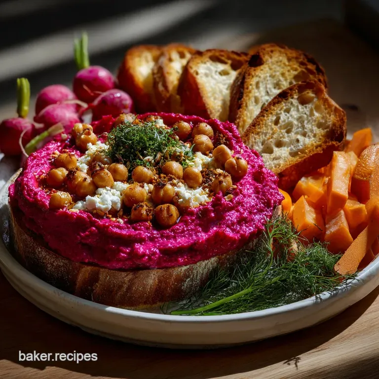 Elegant arrangement of creamy beet hummus, garnished with toasted pumpkin seeds, crumbled feta, and a colorful array of cr...
