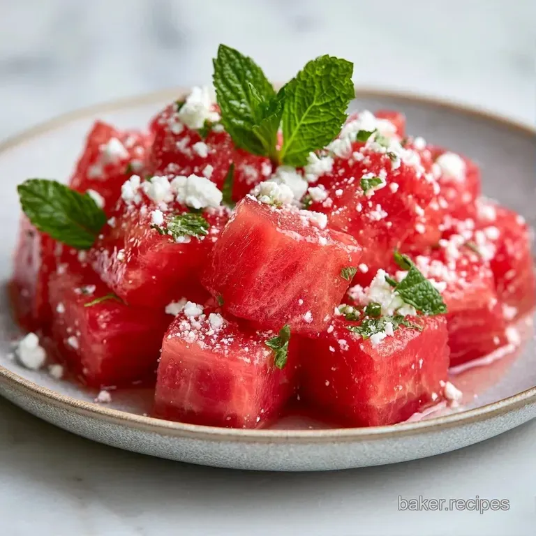 Neatly stacked cubes of juicy red fruit arranged in a circle and garnished with fresh, aromatic green mint sprigs.