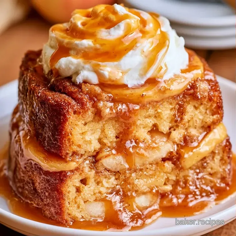 A slice of moist spice cake on a white plate, topped with fluffy caramel cream and a thin cinnamon stick accent.