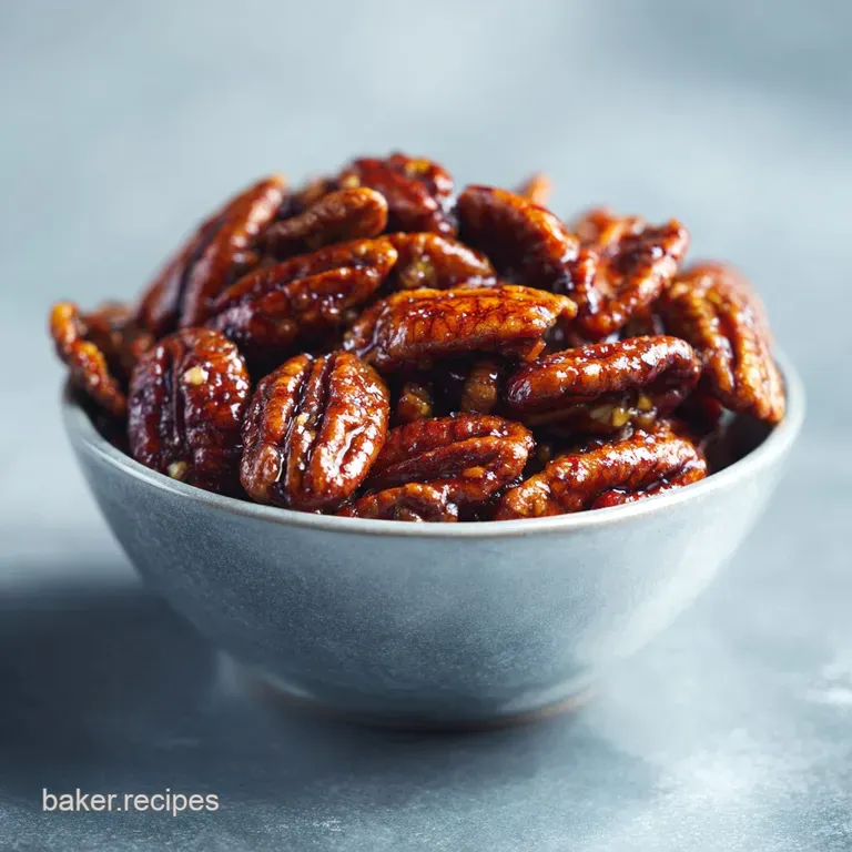 An artful arrangement of warm, sweet candied pecans piled high in a ceramic bowl, catching the light with their glossy sheen.