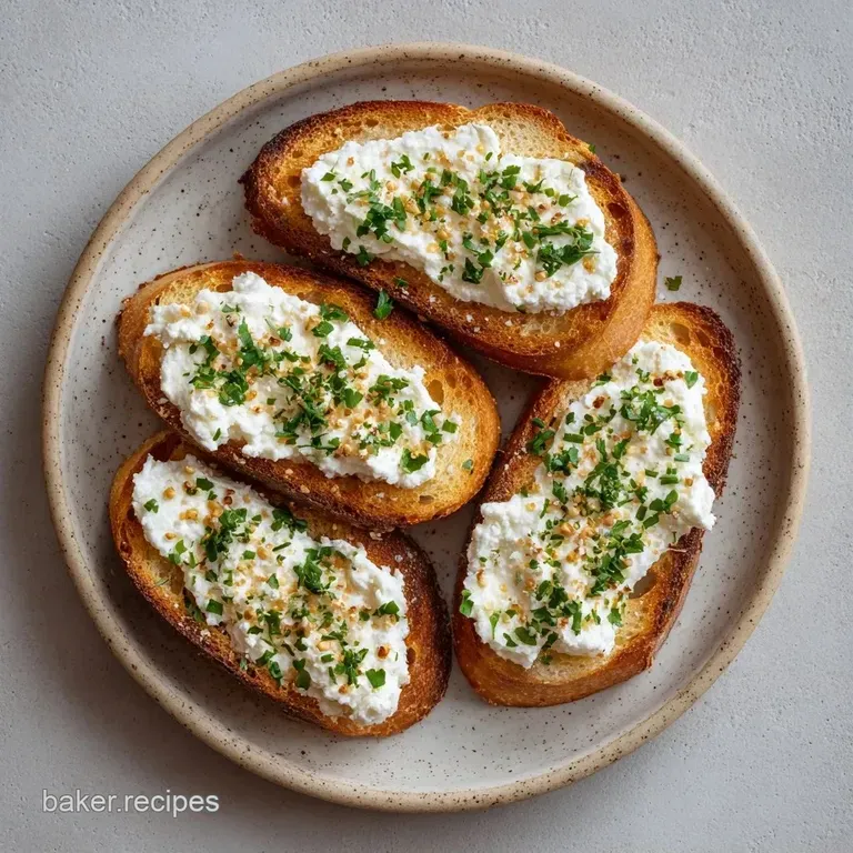 Neatly arranged toasted bread slices topped with whipped white cheese and fresh green herbs on a white marble slab.