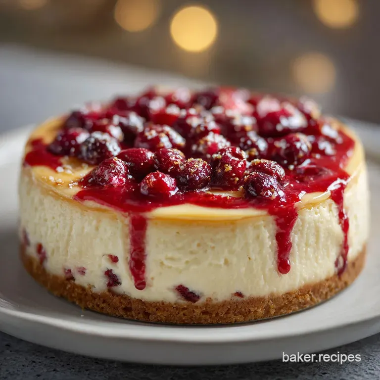 Slice of creamy white cheesecake with jewel-toned cranberries and delicate powdered sugar dusting on a white plate.