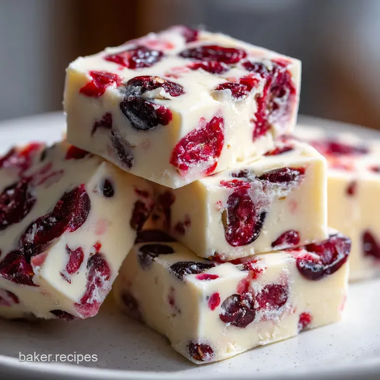 Slices of snowy white fudge with ruby red cranberries artfully arranged on a festive plate. A sweet holiday indulgence.