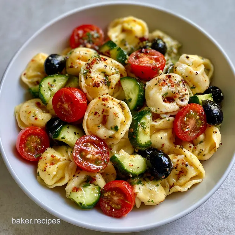 A bright pasta salad in a white ceramic bowl, topped with vibrant greens and sliced red peppers on a wooden table